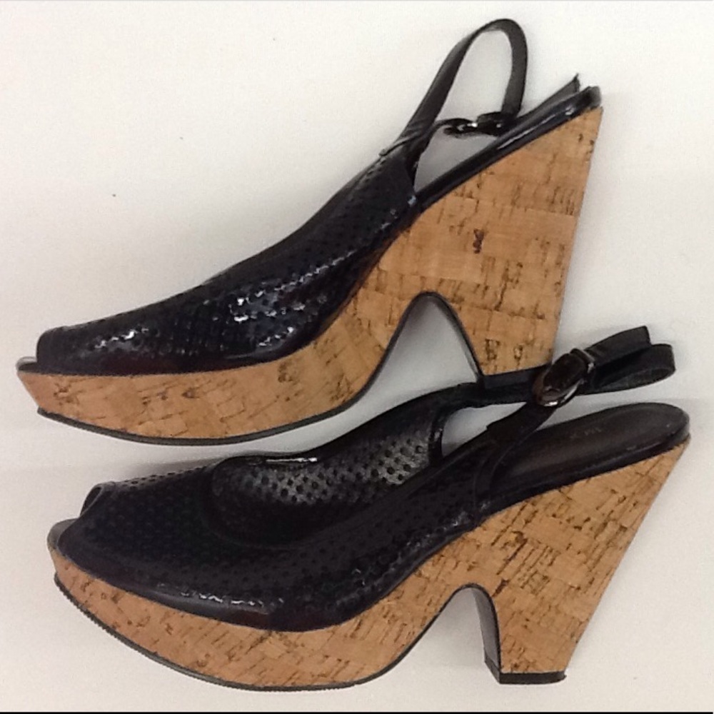 Boot Queen Black Peep Toe Cork Heel Platforms Size EU 40